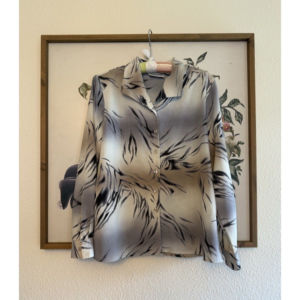 Alfred Dunner Petite 10P Gray Animal Zebra Print Button-Down Long Sleeve Blouse
